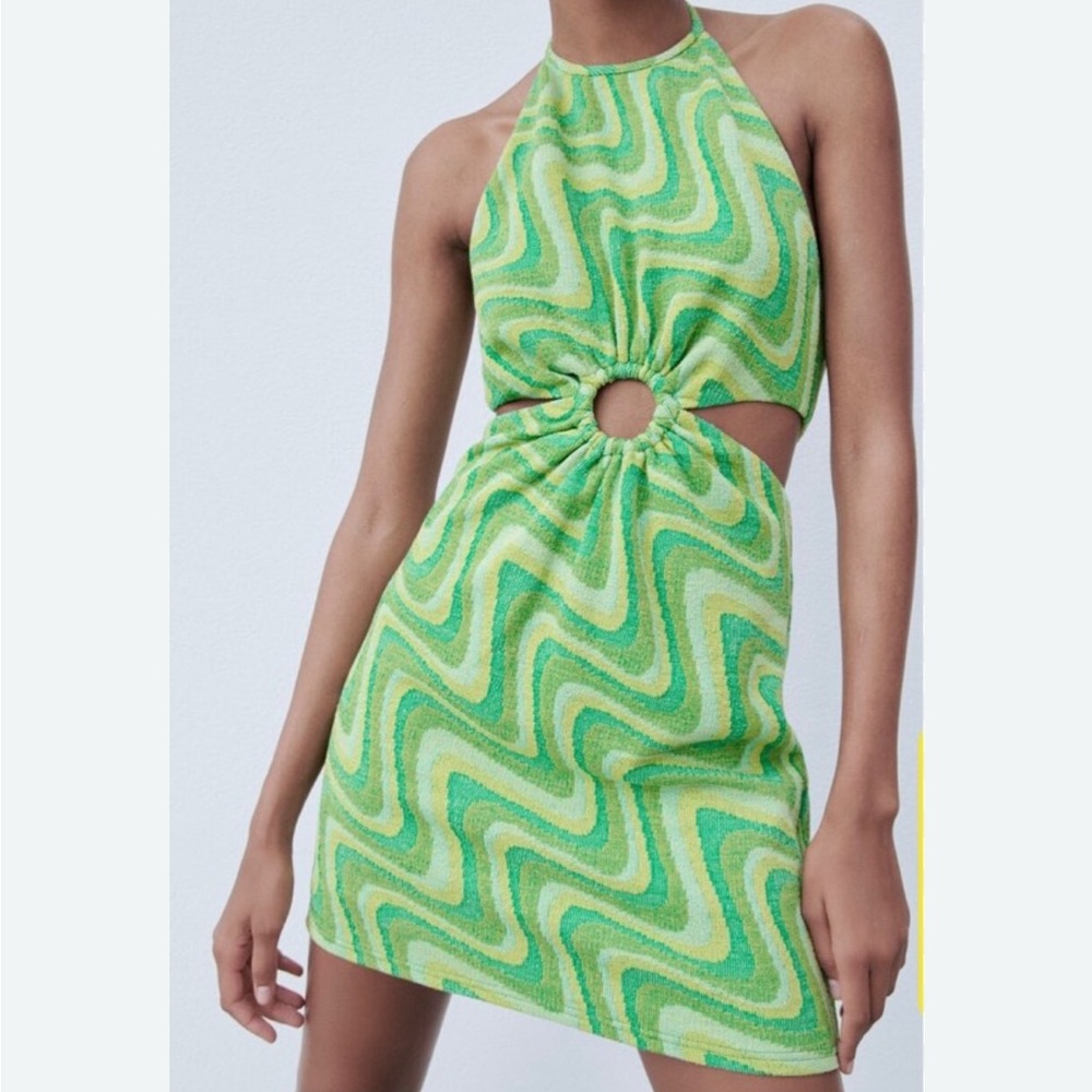 ZARA | jacquard green mini dress | size XS
